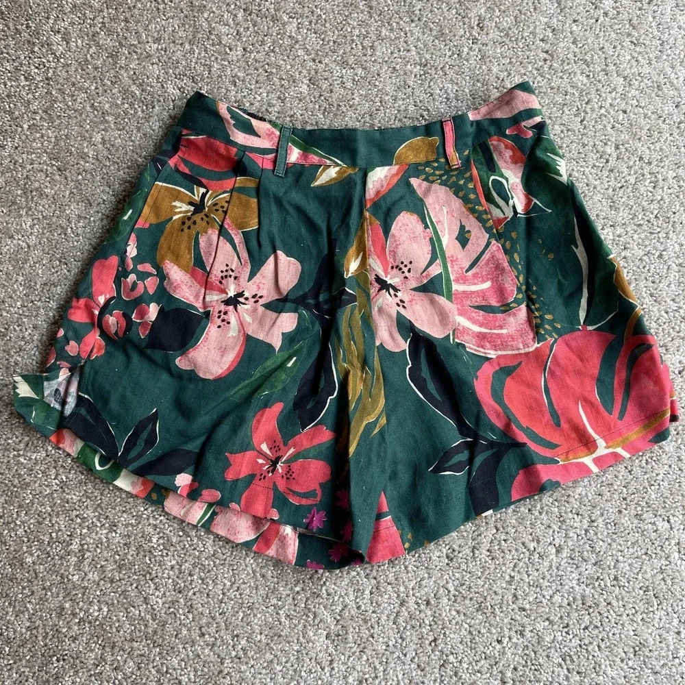 Vitamin A Shorts Womens L Multicolor Linen Tropical Floral Elastic Waist Chino